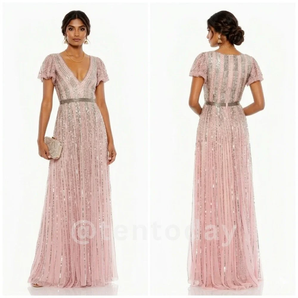 $698 Mac Duggal Size 6 Pink Silver Beaded Sequin V-Neck Long Maxi Dress Gown - Picture 3 of 4